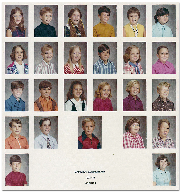 Color class photograph sheet from the 1972 to 1973 school year showing an unspecified fifth grade class. The sheet consists of individual head-and-shoulders portraits of students arranged in rows similar to a yearbook page. The photographs are all in color and there are no names associated with the students. 24 children and a female teacher are pictured.