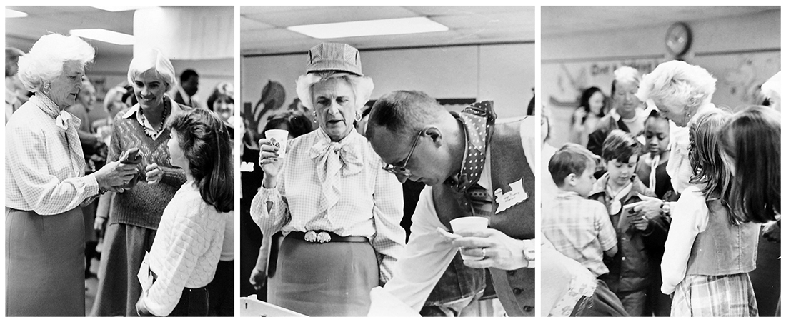 Three black and white photographs taken during Barbara Bush’s visit to Cameron Elementary School. She is seen speaking with a student, speaking with Principal Towery, and showing a book to a group of students. 