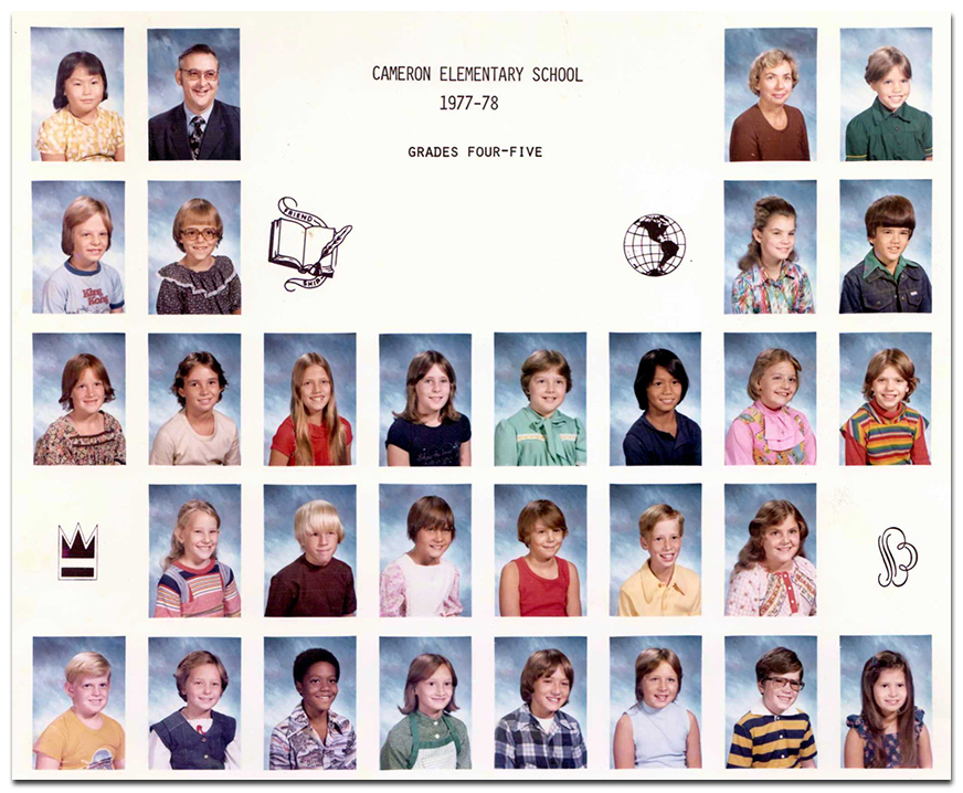 Color class photograph sheet from the 1977 to 1978 school year showing a combined fourth and fifth grade class. The sheet consists of individual head-and-shoulders portraits of students arranged in rows similar to a yearbook page. The photographs are all in color and there are no names associated with the students. 28 children, a female teacher, and Principal Dalton are pictured.