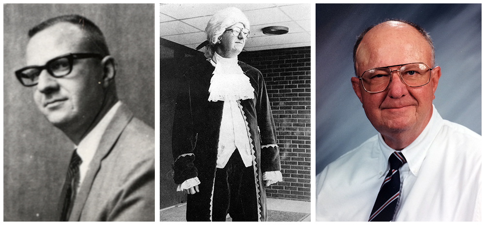 Three photographs of Principal Towery at various stages of his career. On the left is a black and white head-and-shoulders staff portrait from 1970. In the center, Towery is standing near the main entrance doors of Cameron and is dressed in costume like George Washington in Revolutionary War era garb. On the right is a head-and-shoulders portrait of Mr. Towery taken around the year 2000.
