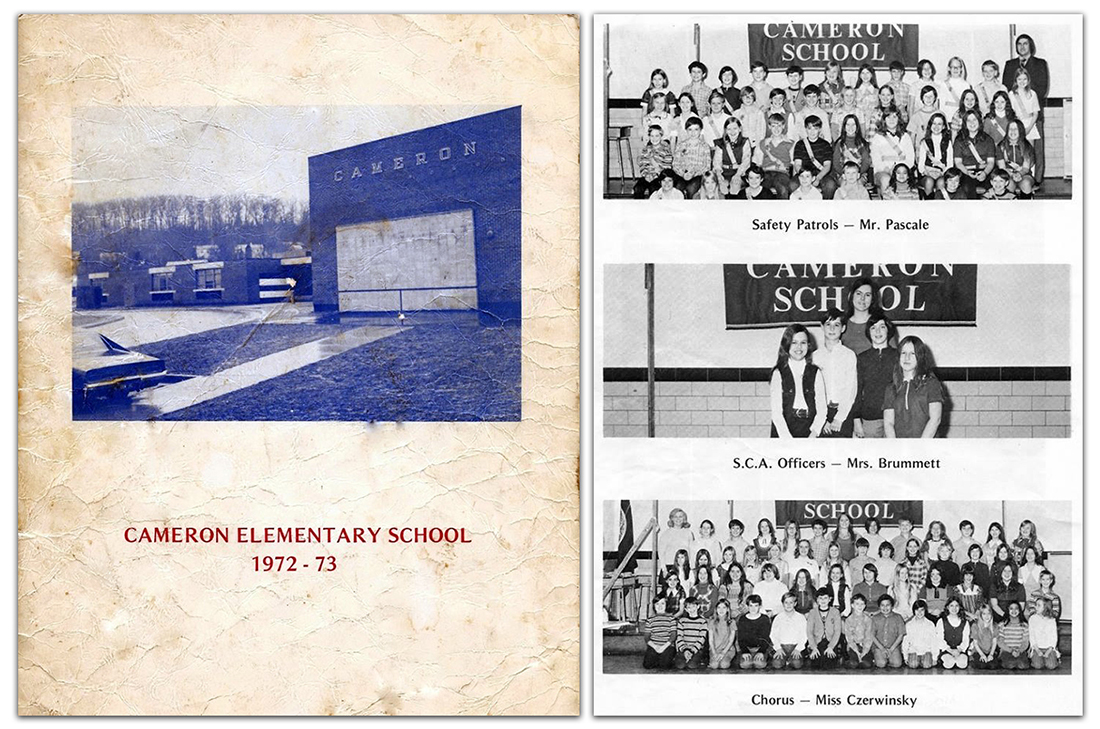 Photographs of the cover and one of the pages from Cameron Elementary School’s 1972 to 1973 yearbook. The cover is white with a black and white photograph of Cameron Elementary School in the center. The cover has turned brown and the photo of the school has faded to a dark blue color. A page from the yearbook is on the right. It has group shots of the Safety Patrols sponsored by Mr. Pascale, the S.C.A. Officers, sponsored by Mrs. Brummett, and the school chorus, sponsored by Miss Czerwinsky.