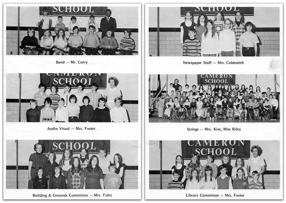 Photographs of two more pages from Cameron Elementary School’s 1972 to 1973 yearbook. The pages show group shots of the band, led by Mr. Corry, the Audio Visual Committee led by Mrs. Foster, the Building and Grounds Committee led by Mrs. Fultz, the school newspaper staff led by Mrs. Goldsmith, the fourth grade Strings ensemble led by Mrs. Kim and Miss Riley, and the Library Committee led by Mrs. Foster.