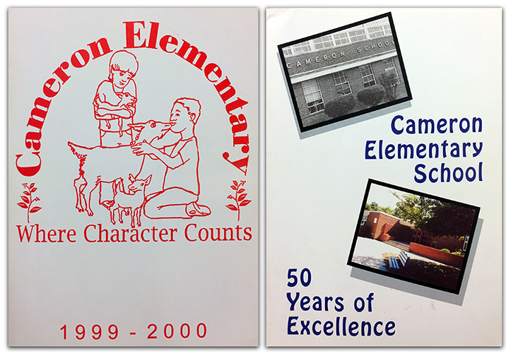 Photographs of the covers of Cameron Elementary School’s 1999 to 2000, and 2002 to 2003 yearbooks. The 2000 cover has an illustration of a boy and a girl caring for a mother goat and two of its kids. The 2003 cover text reads 50 years of excellence, and has two photographs of the school, one in black and white, and the other in color.